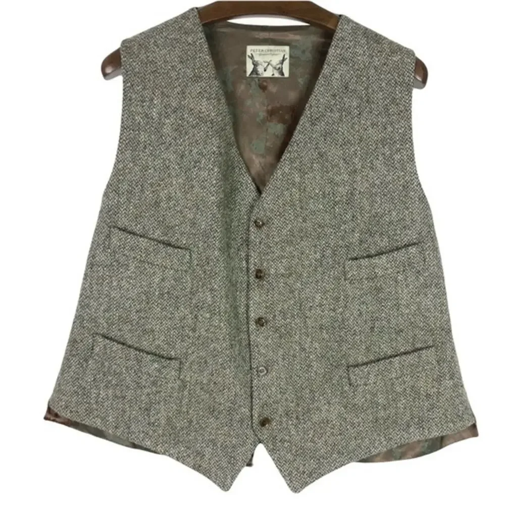 NWOT PETER CHRISTIAN Waistcoat Vest 54R Brown Wool Harris-Tweed Hand-Woven 5Bttn